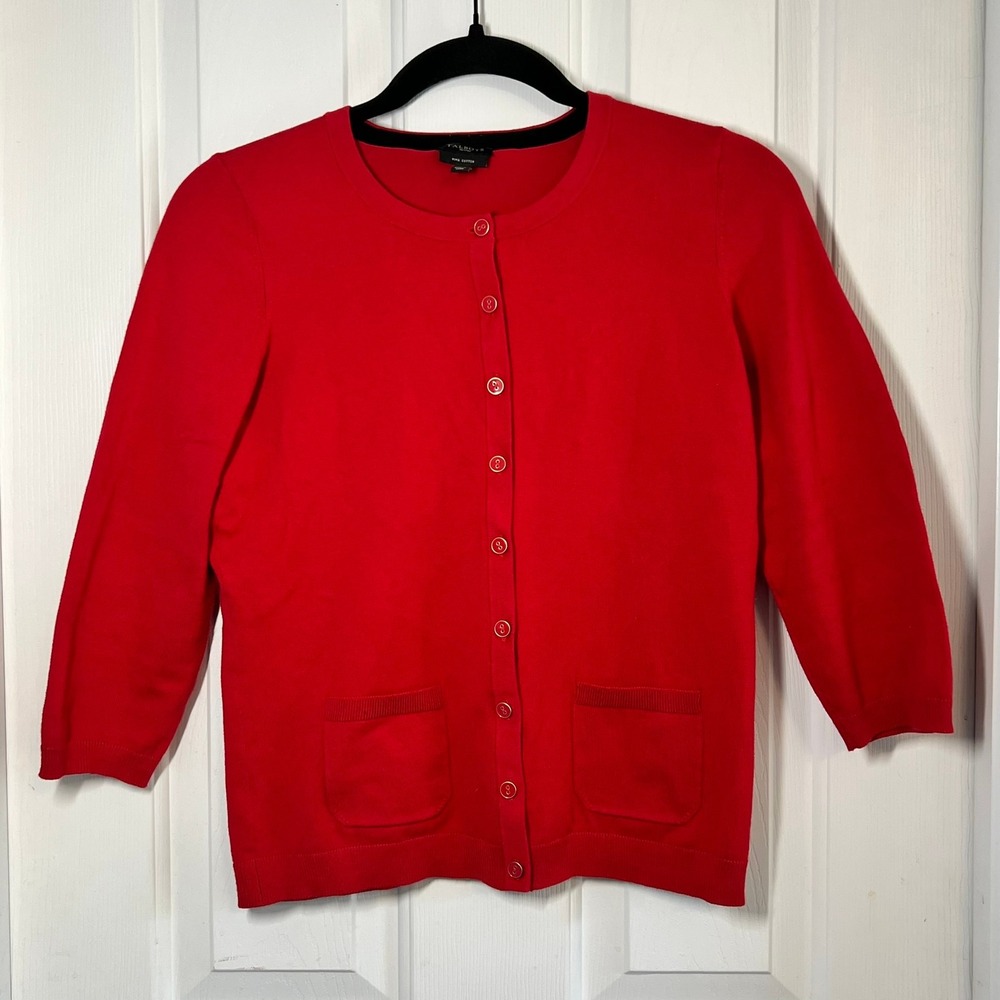 Small Petite Red Pima Cotton Cardigan Sweater Talbots 3/4 Sleeve Button Front‎